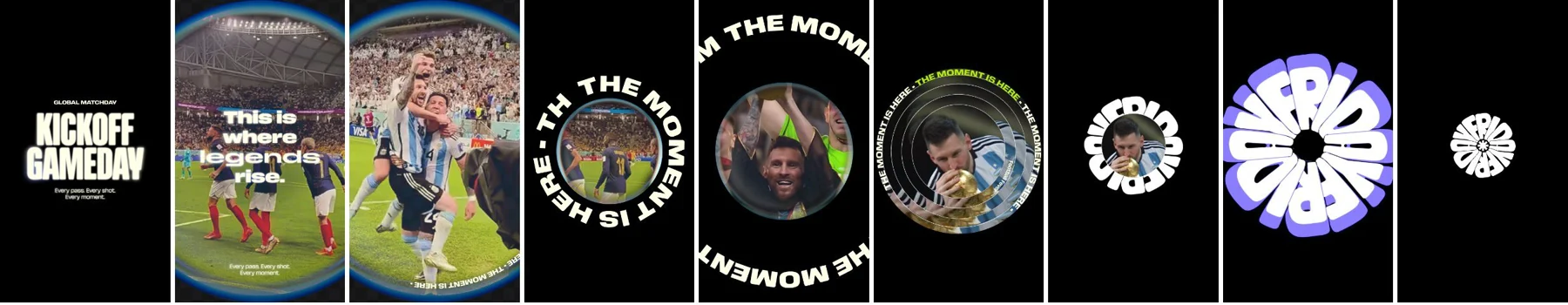 Final storyboard for the FIFA World Cup fisheye EP template, moving from a match-day title card through player celebrations, circular masks, orbiting type, and a compressed end mark