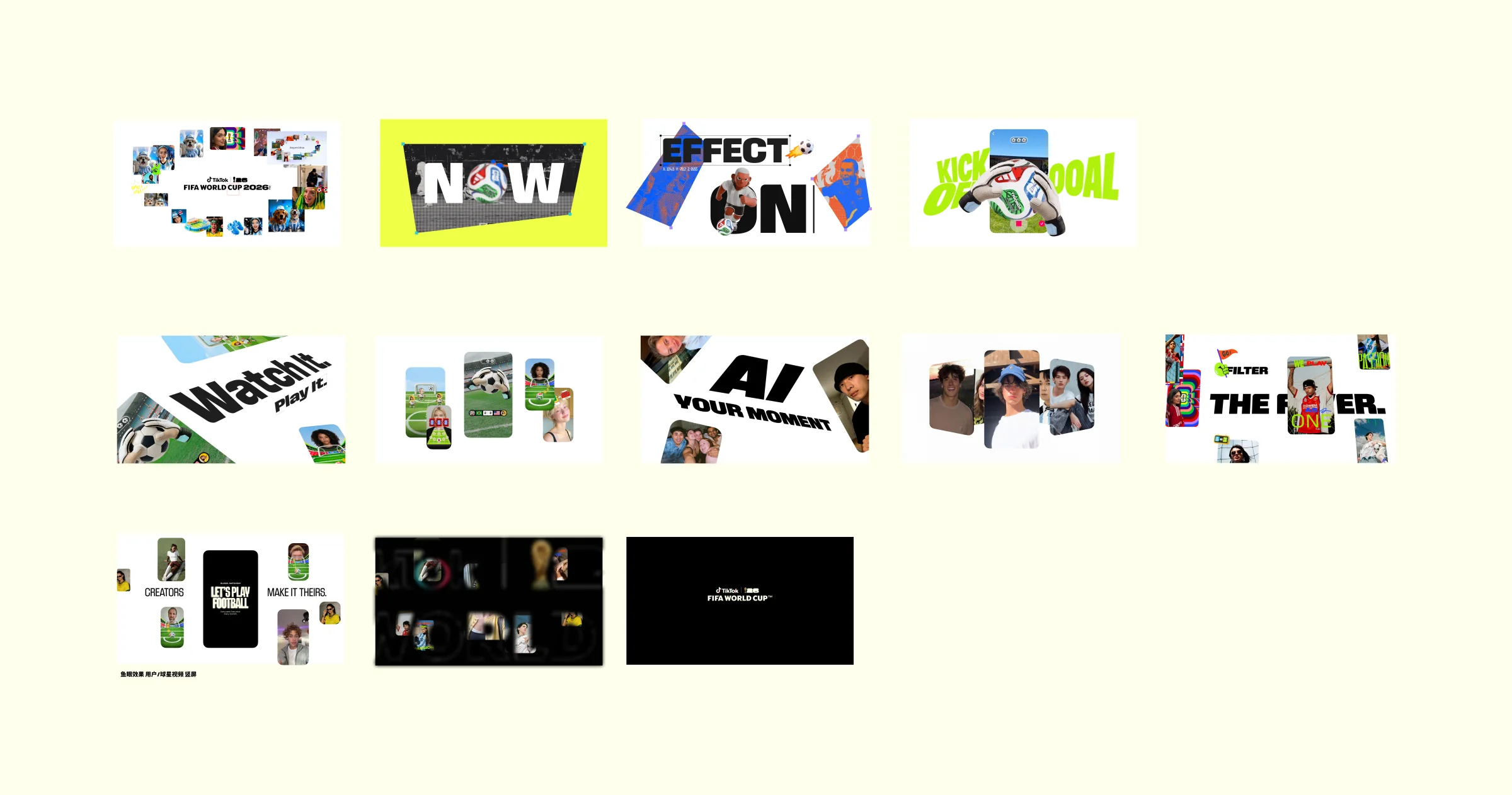 Final FIFA showcase style frame direction with campaign headlines, creator footage, interaction demos, and acid-lime accents