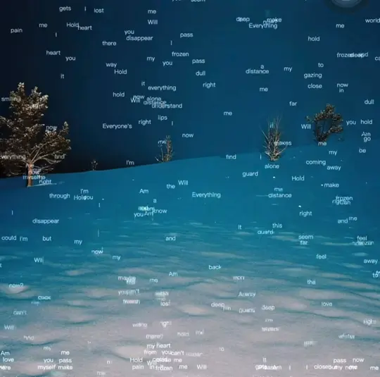 Atmospheric field of floating lyric words across a landscape