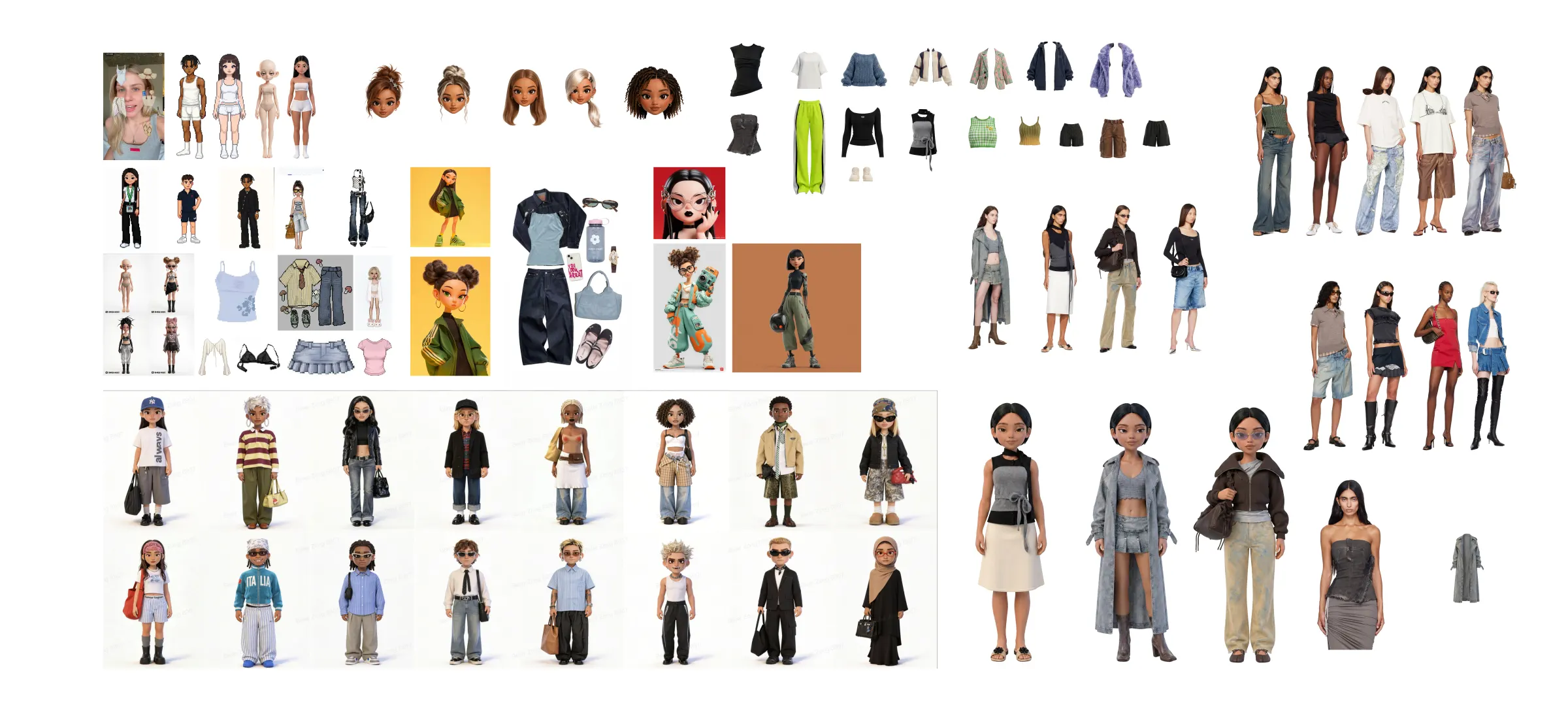Outfit Builder character, fashion, and visual direction exploration board