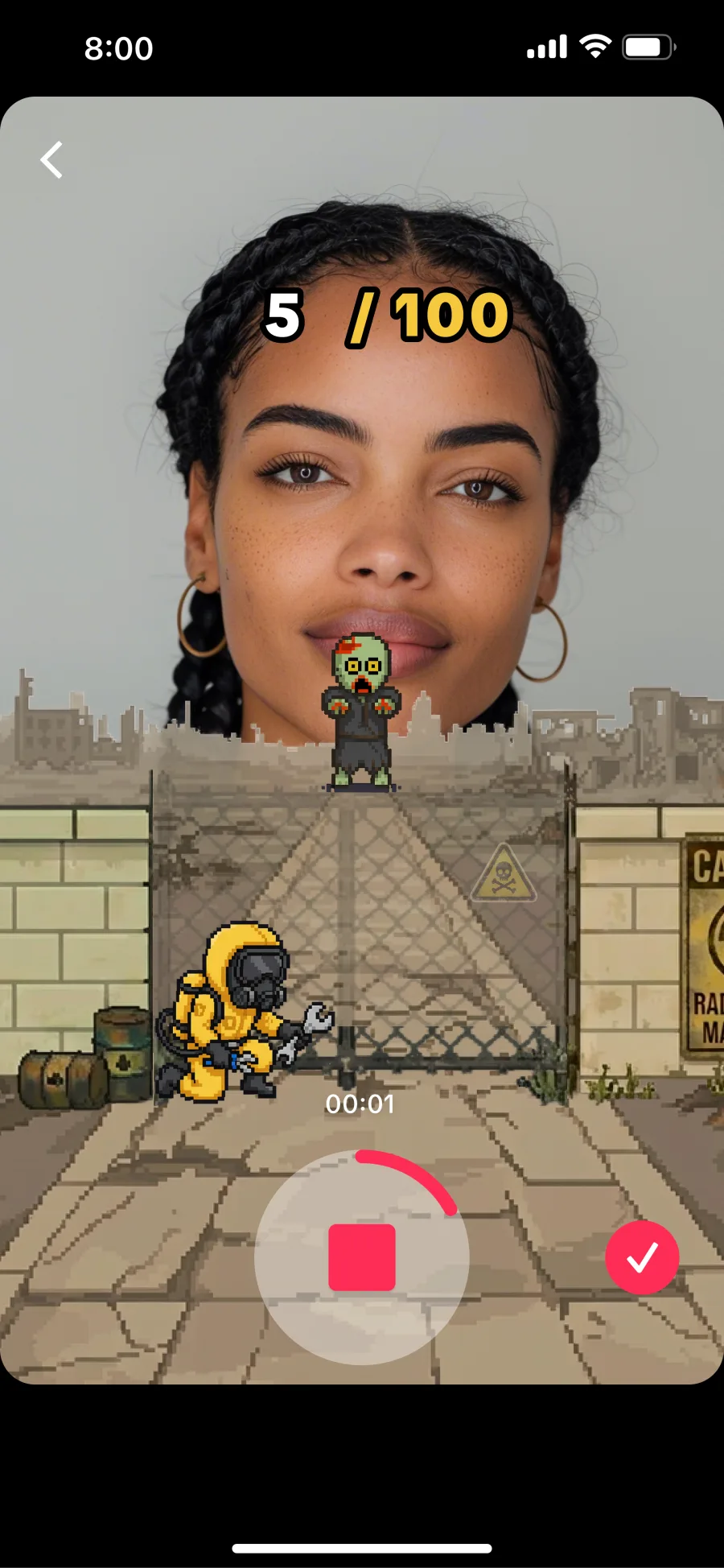 Tap to Escape risk state with an opening gate and advancing zombie
