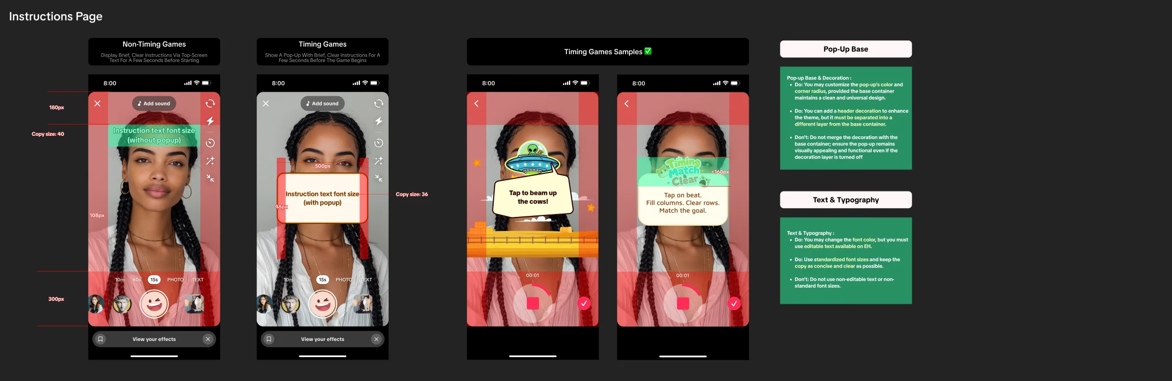 Game template UI standards for instruction pages, timing variants, pop-up construction, and typography