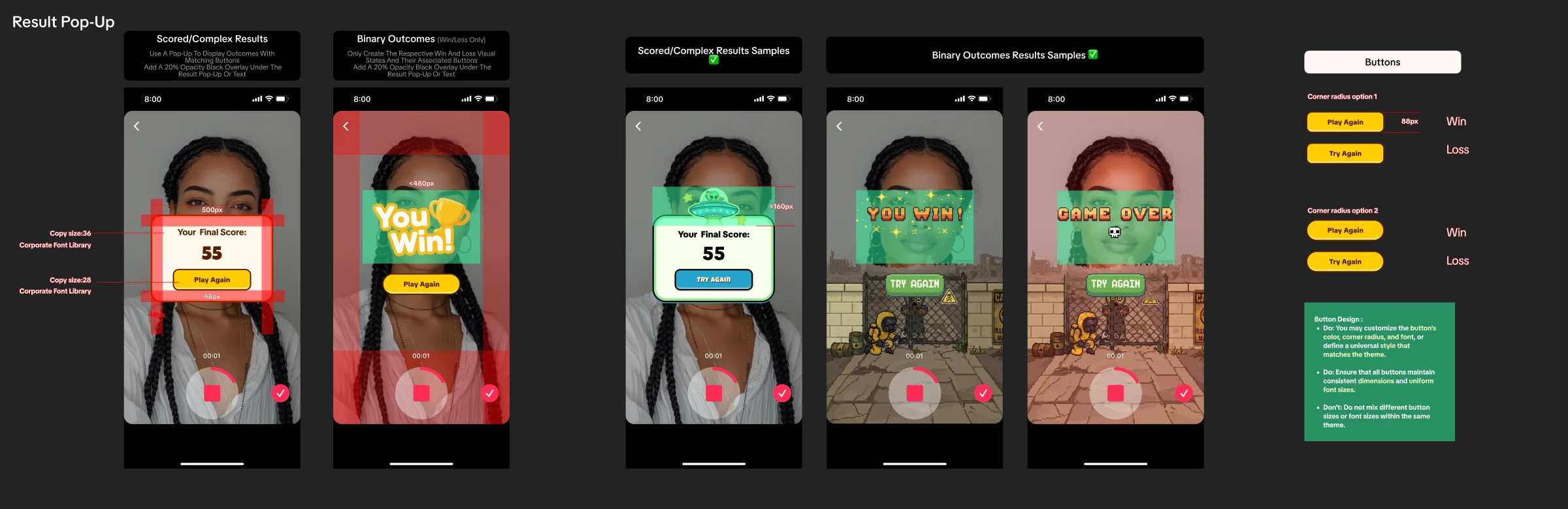 Game template UI standards for scored results, binary outcomes, result pop-ups, and replay buttons
